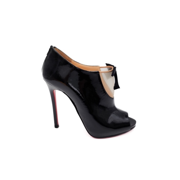 Christian Louboutin Black Patent Leather Bow Open Toe Booties Heels EU 37.5 - Picture 2 of 8